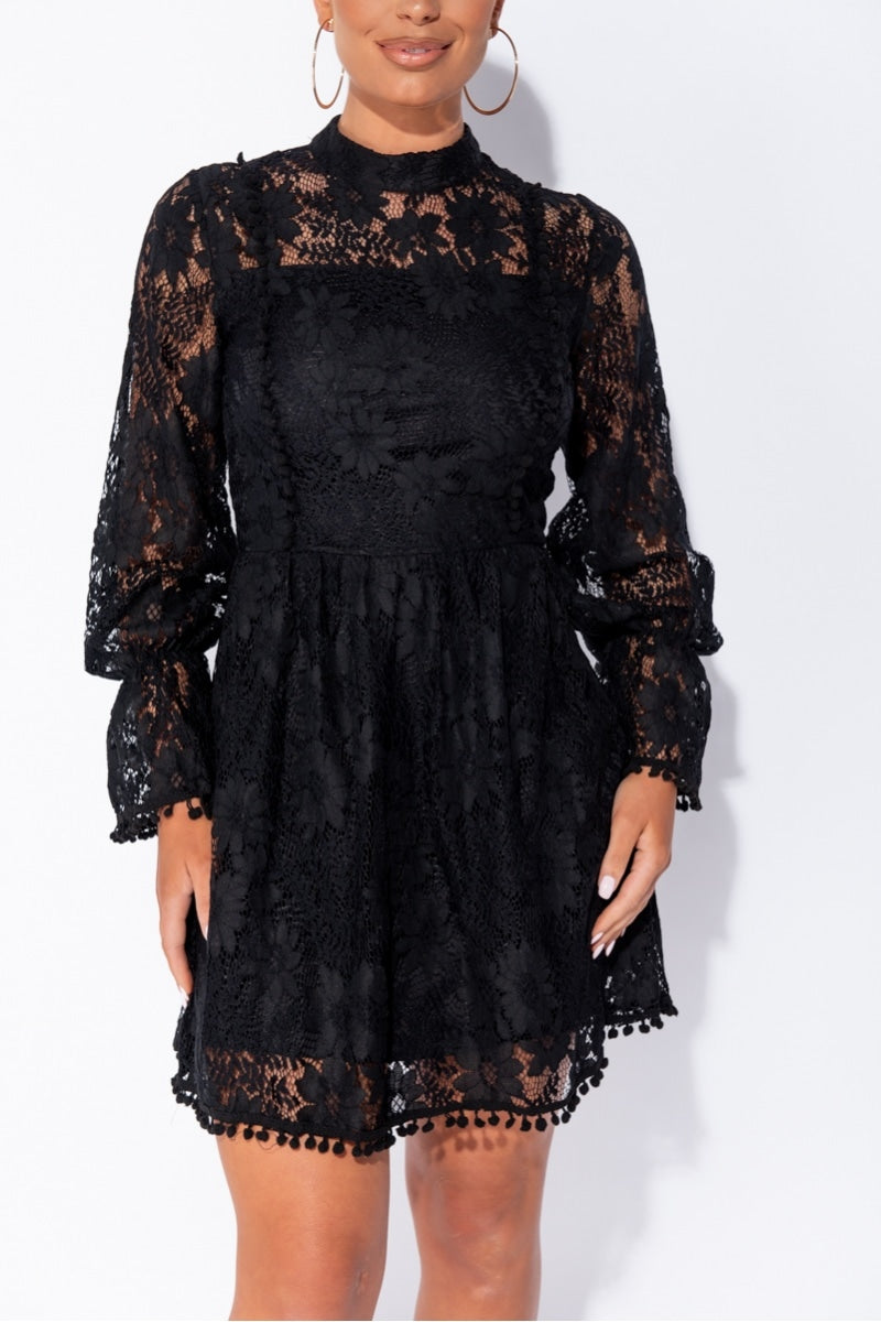 DIANA BLACK LACE BALLON SLEEVE MINI DRESS